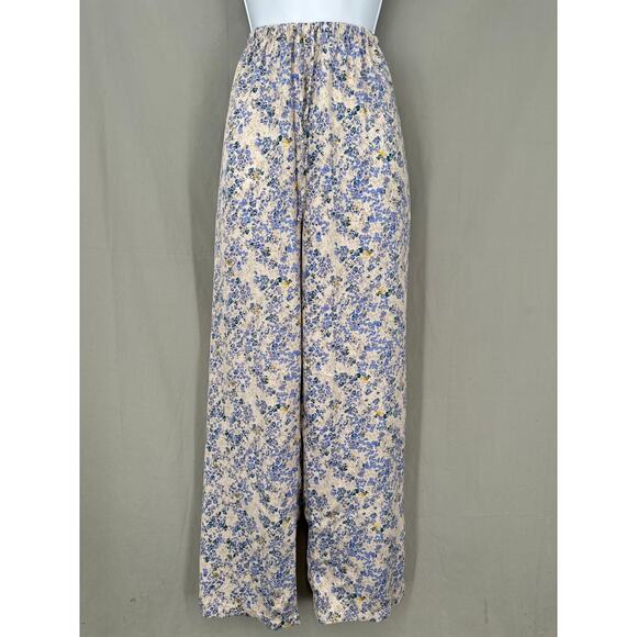 Uniqlo Pants Womens Large Beige Floral Satin Pockets Cottagecore Boho Wide Leg - Picture 1 of 9